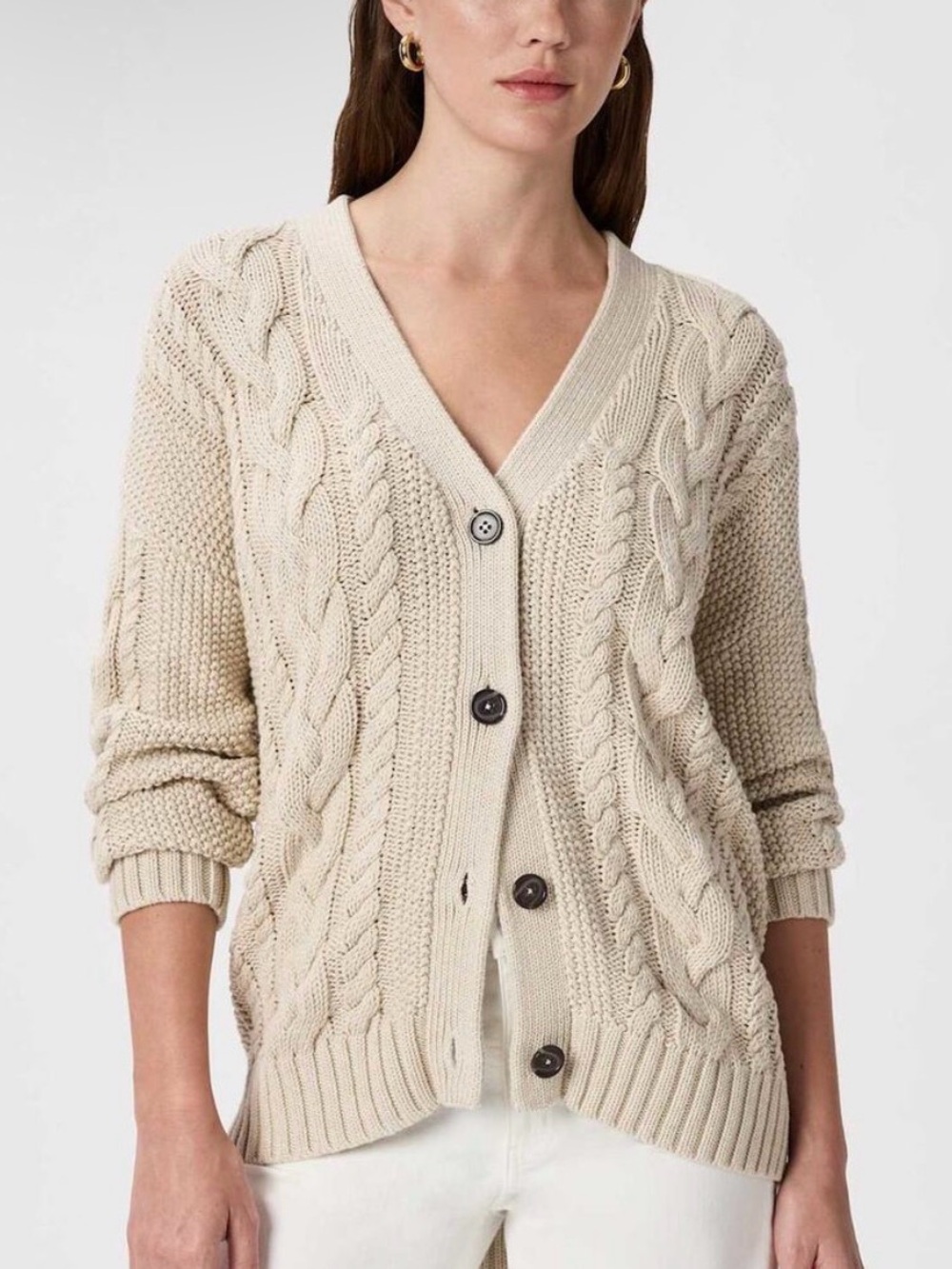 Quince Organic Cotton Oversized Cable Knit Cardigan Chunky Beige Women M